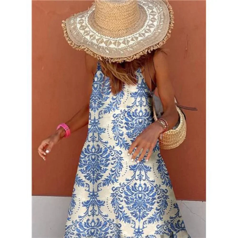Summer Maxi Dress Boho Flowy Ruffle Smocked Spaghetti Strap Scoop Neck - Picture 3 of 6